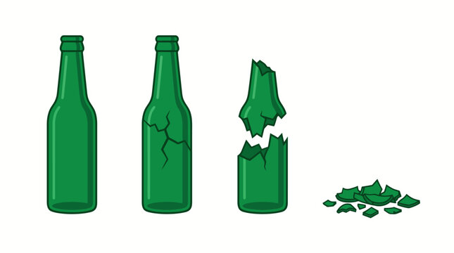 Progression of a green glass bottle from whole to shattered fragments