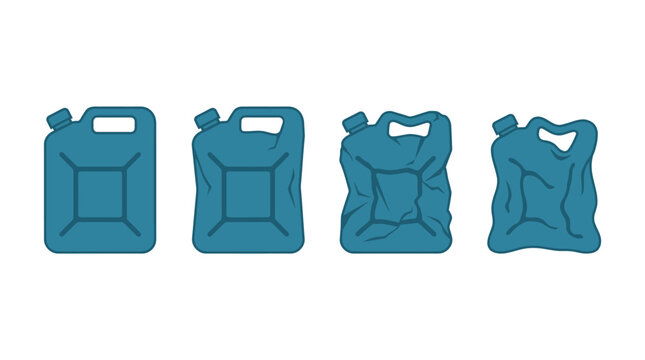 Progression of a blue jerrycan from full to compressed and crumpled state illustration