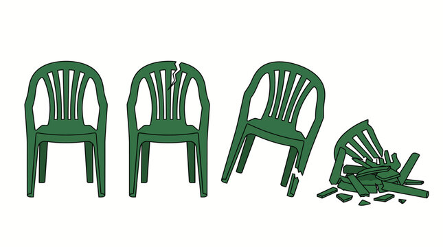 Progression of a green plastic chair from intact to shattered illustrating wear and tear over time