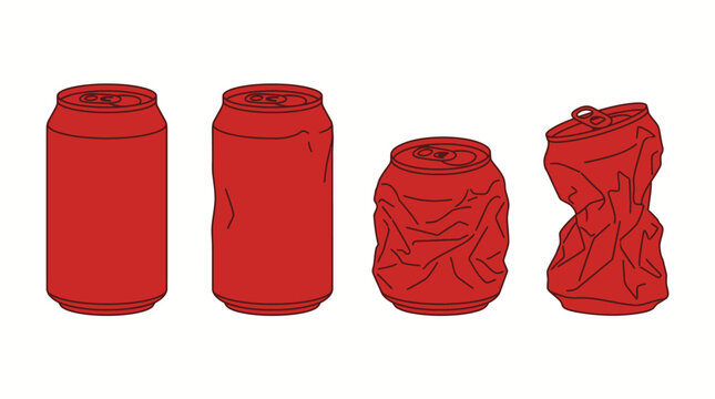 Progression of Deformation Depicting a Crushing Process of Red Beverage Cans on White Background