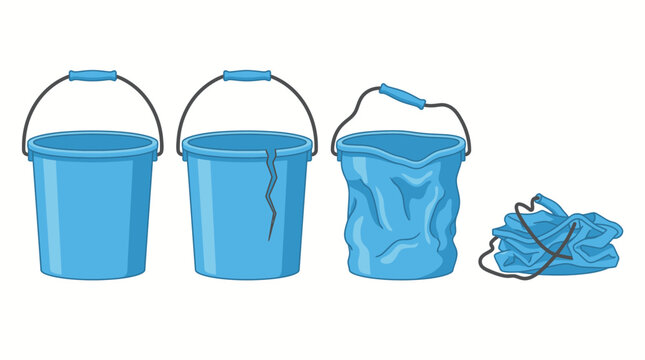 Progressive degradation of a blue plastic bucket from intact to crumpled and collapsed state