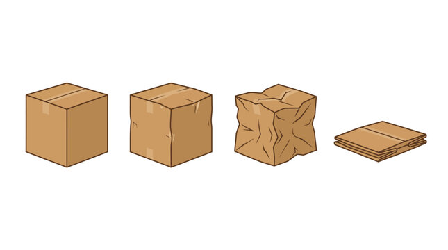 Transformation sequence from intact cardboard box to flattened shipping material representing
