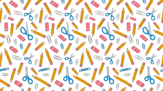 Seamless pattern of cute hand-drawn pencils scissors and erasers on a white background