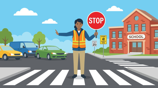 School Crossing Guard Directing Traffic Outside School Building with Stop Sign