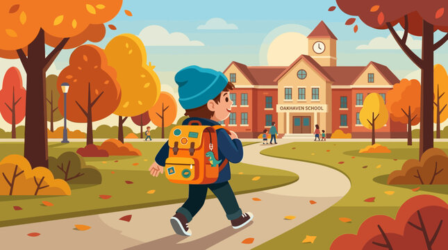 Young student with backpack walks towards school building amidst autumn foliage on a sunny day
