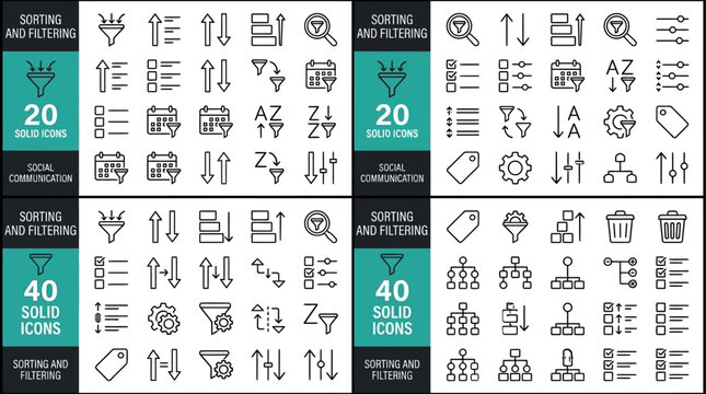 Professional collection of sorting and filtering line icon set featuring editable vector illustration for modern user interface design isolated on white background for data organization