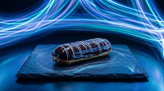 Gourmet chocolate eclair on slate platter, vibrant cyan light painting trails, futuristic food art, premium pastry dessert.