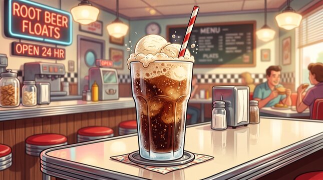 Root beer float with vanilla ice cream in a nostalgic 1950s diner, neon signs, vintage Americana style, refreshing summer dessert for Ice Cream Day celebrations.