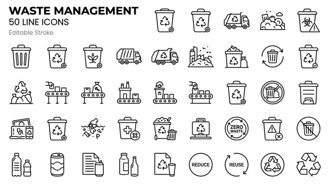 Comprehensive collection of sixty professional waste management and recycling editable line icons, environmental sustainability vector illustrations isolated on a white background.
