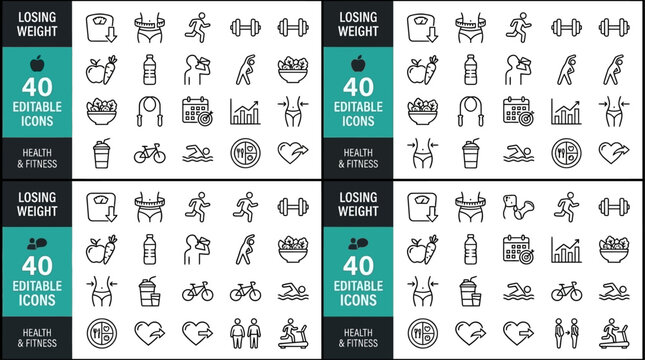 Comprehensive collection of weight loss line icons including fitness exercise diet nutrition and body transformation symbols isolated on white background for health and wellness design