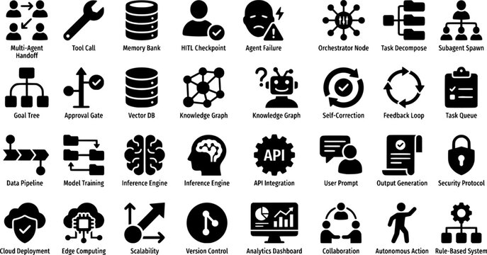 30 AI Agent Mechanics Icon Set Multi Agent Handoff Tool Call Memory Bank HITL Checkpoint Agent Failure Orchestrator Node Task Decompose Subagent Spawn Goal Tree Approval Gate Vector black and white*