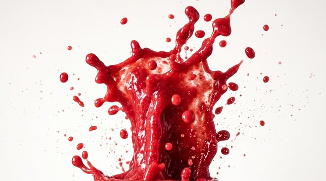 Red strawberry syrup splash, dynamic fruit sauce topping for ice cream, berry coulis motion, appetizing food splash, fresh dessert sauce eruption.