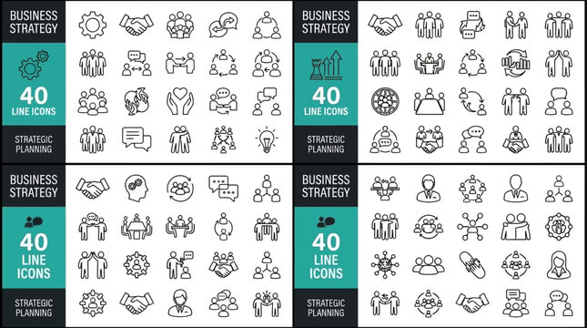 Comprehensive Collection of 47 Business Strategy Linear Icons Featuring Corporate Planning Growth Development Marketing Success Management Symbols Minimalist Vector Illustration on White Background