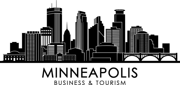 Vector Minneapolis skyline. Travel Minneapolis famous landmarks. Business and tourism concept for presentation, banner, web site. Vector black silhouette. with white background