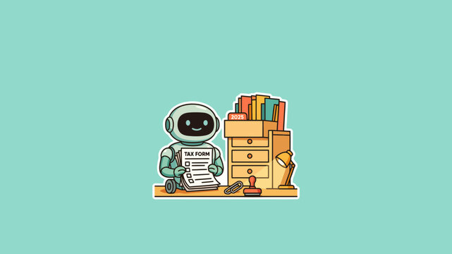 Friendly robot assistant managing financial paperwork and tax forms at a tidy office desk with storage folders and office supplies on a light teal background