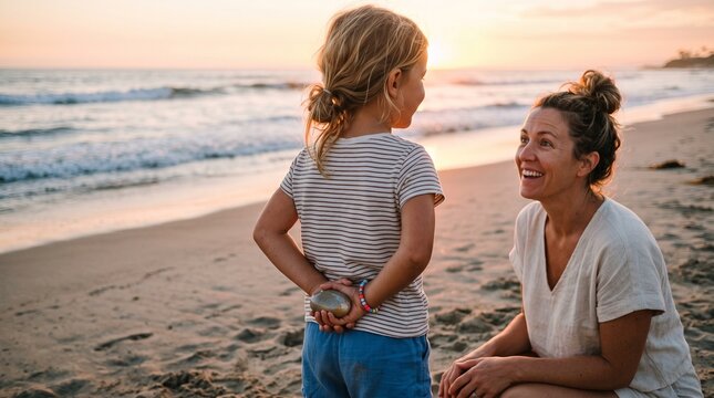 Young girl hiding a stone behind her back while her smiling mother crouches on the beach at sunset, depicting family trust and friendship.