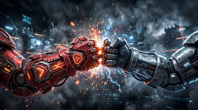 Robotic fist bump clashing in a burst of digital sparks and binary code, representing cybernetic friendship, unity, and futuristic partnership.