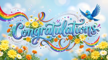 Fototapeta premium Vibrant 3D Congratulations text with colorful daisies, rainbows, and a flying bluebird under a sunny sky, ideal for celebrating friendship and special milestones.