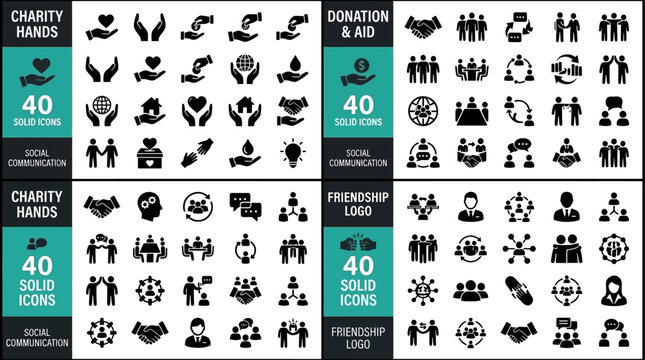Minimalist flat vector icon set featuring human hands in gestures of charity, altruism, and communal support, symbolizing global aid, volunteering, donation, and peaceful social friendship.