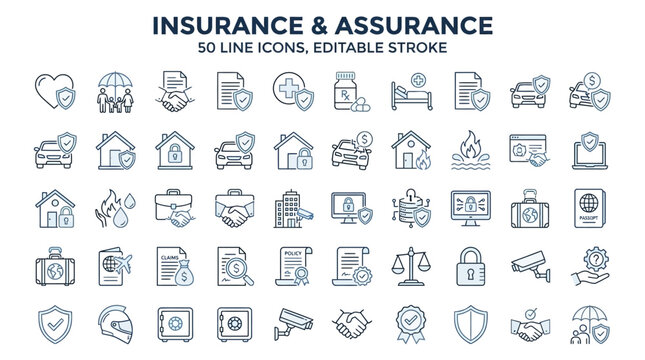Comprehensive insurance and assurance vector icon set featuring editable thin line stroke graphics for finance risk management and safety coverage isolated on white background