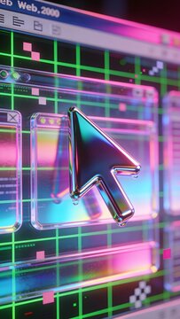 Y2K Aesthetic Liquid Chrome Cursor Floating Over Acid Green Grid Lines and Translucent Digital Interface Panel Macro Shot