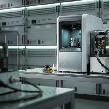 A high-tech laboratory machine sits on a metal table in a modern industrial setting.