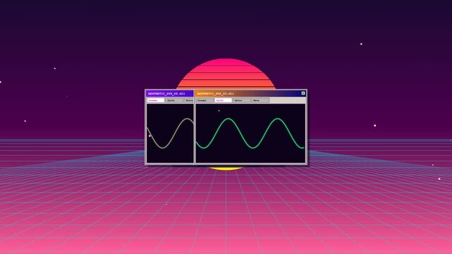Retro Wave Sunset with Digital Oscilloscope Data Visualization.