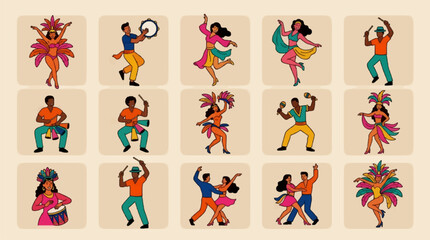 Fototapeta premium Flat Vector Carnival Icons: Dancers and Musicians in Vibrant Costumes, Celebrating Festive Atmosphere, Set on Beige Background