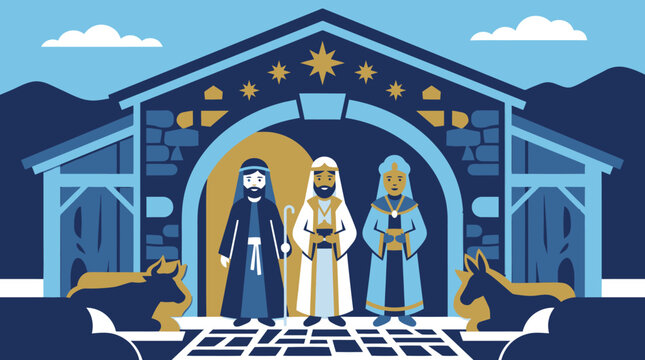 Joseph standing at the nativity stable with an ox in a flat vector style