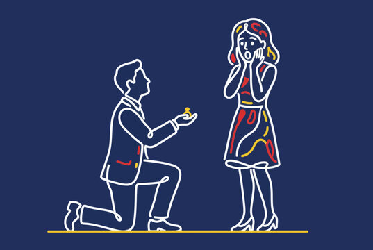 Man kneeling in a suit as a one line art illustration on blue background