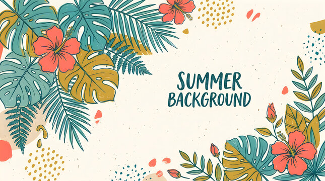 Tropical floral illustration with monstera leaves and hibiscus flowers