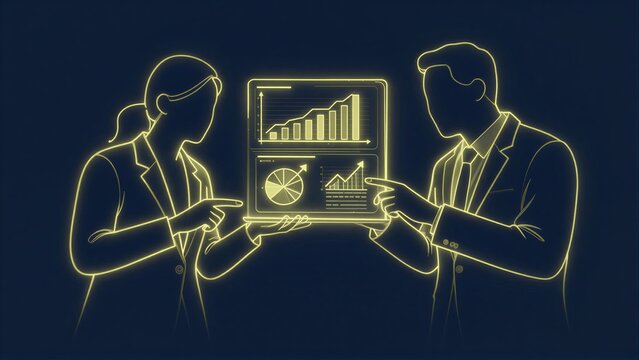 Two business figures analyze data on a glowing screen, highlighting strategic insights.