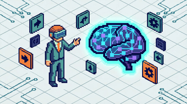 Retro pixel brain processing cybersecurity data with digital lock icons and network signals