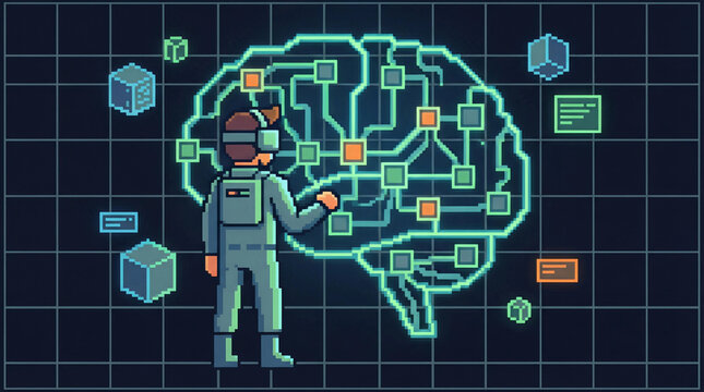 Futuristic pixel art robot with glowing circuitry and floating data icons in dark grid