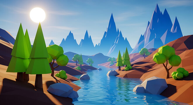 Stylized low poly mountain river landscape at sunrise with landscape mountain stylized adventure outdoors environment minimalist illustration