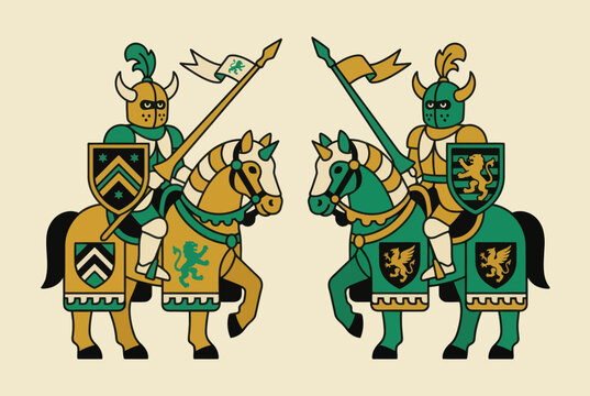 Medieval knight riding a horse holding a spear and shield vector illustration