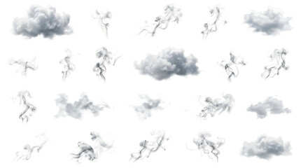 Fototapeta premium Collection of abstract smoke swirls and fluffy clouds isolated on white background