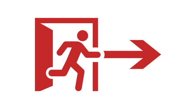 Person running out of a door with an arrow pointing right