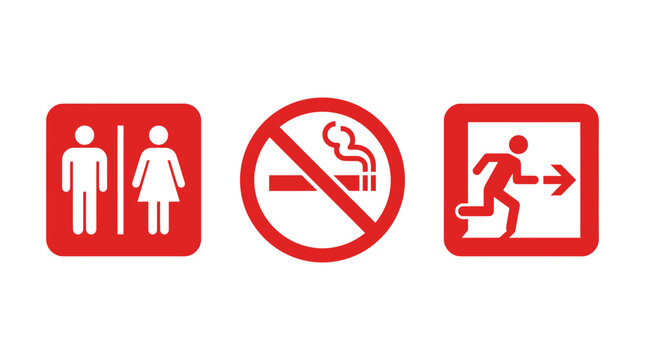 Three red signs indicating restroom, no smoking, and emergency exit