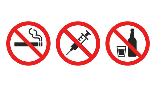 Warning signs prohibit smoking, drug use, and alcohol.