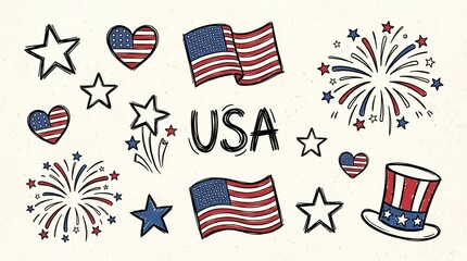 Fototapeta premium Hand-drawn collection of patriotic American symbols including flags, stars, hearts, fireworks, and an Uncle Sam hat, perfect for USA celebrations.