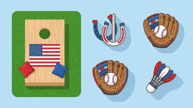 An illustration featuring various American-themed outdoor games and sports equipment, including cornhole, horseshoes, baseball, and badminton shuttlecocks, set against a blue background.