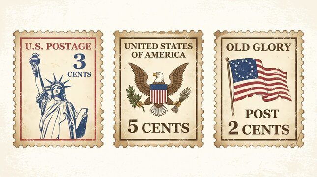 Three vintage-style US postage stamps featuring the Statue of Liberty, American eagle, and Old Glory flag.