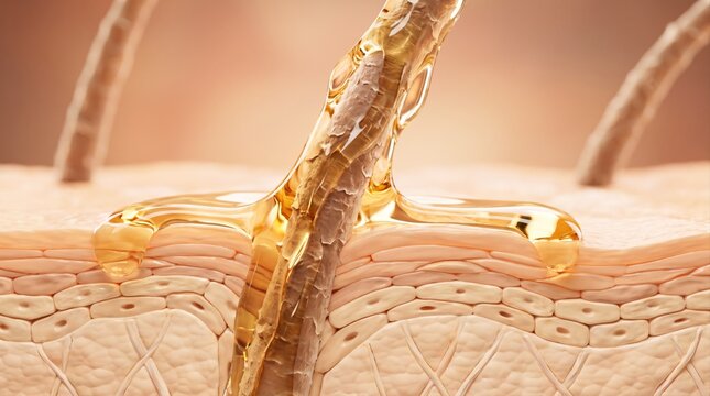A close-up 3D render showing a strand of hair emerging from the skin with serum oil coating it.