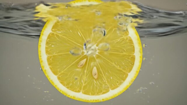 A lemon slice submerged in water with bubbles around it