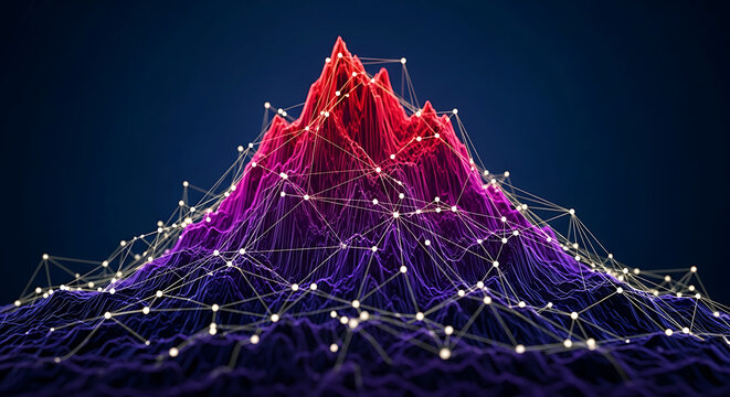 Abstract digital mountain peak represented by glowing network data points with mountain technology abstract connection innovation structure internet analysis information intelligence