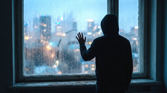 Back view of a person in a black hoodie touching a rainy window pane, looking out at the blurry city lights at night.