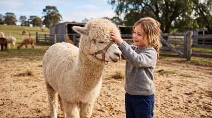 Fototapeta premium Young girl petting fluffy alpaca in rural farm paddock during daytime, friendly interaction between child and livestock in pastoral outdoor setting