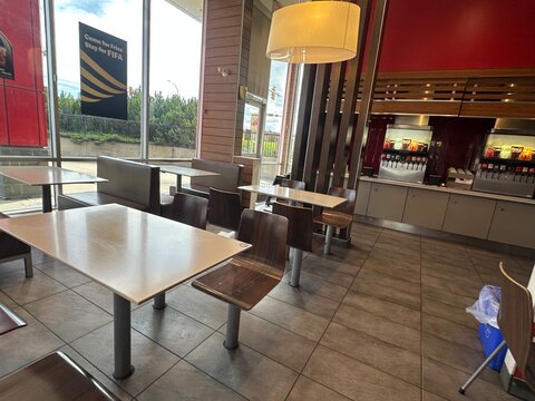 McDonald&rsquo;s Restaurant Interior and Seating Area. July 1 2026. Alberta Canada. For editorial use only.