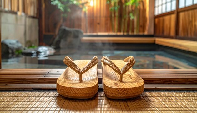 Traditional wooden geta sandals placed neatly by the entrance of a serene Japanese onsen ryokan, evoking a tranquil and authentic nature-inspired l...